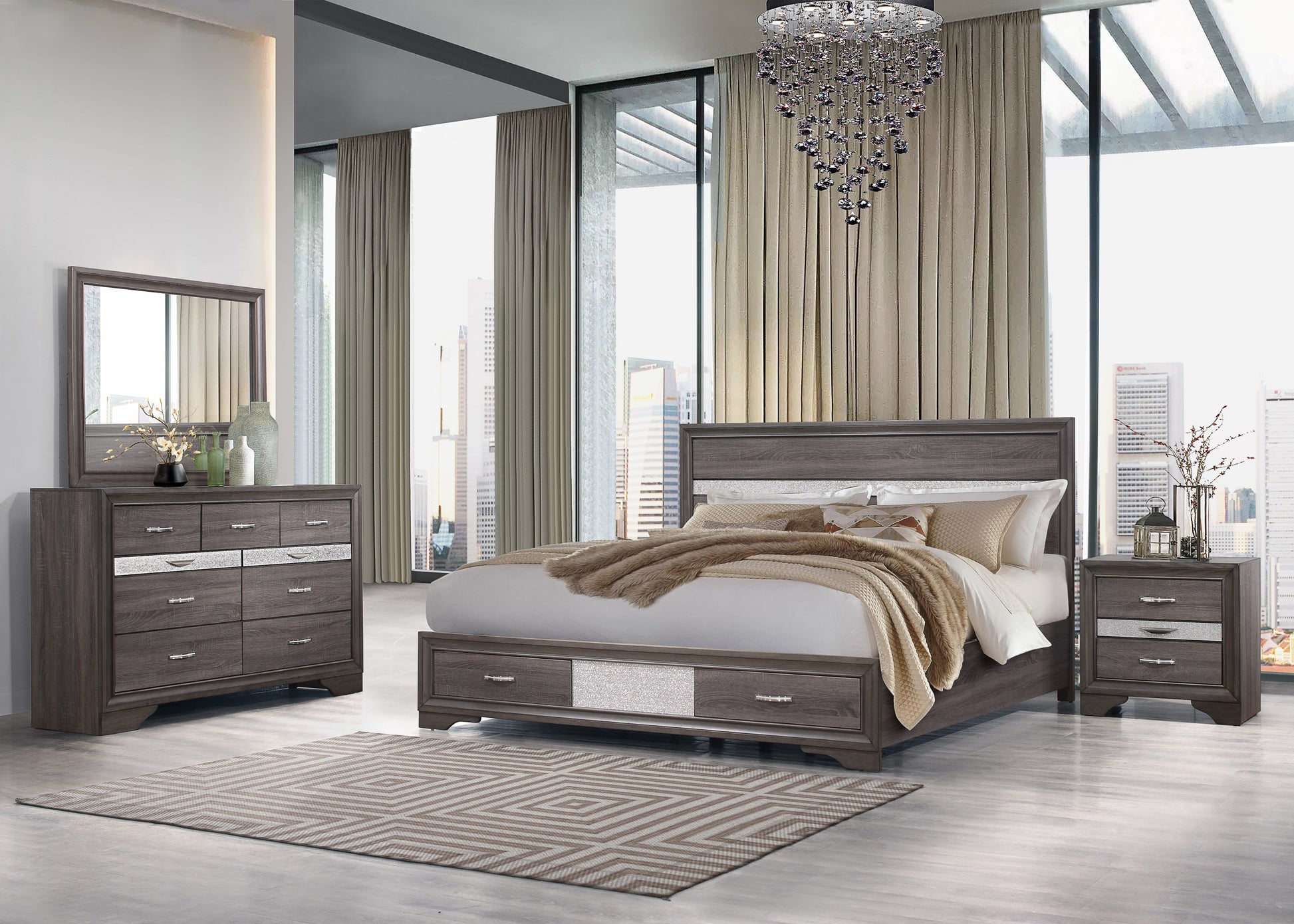 Ryder Sparkle Grey Mirror Gray Solid Wood Mdf