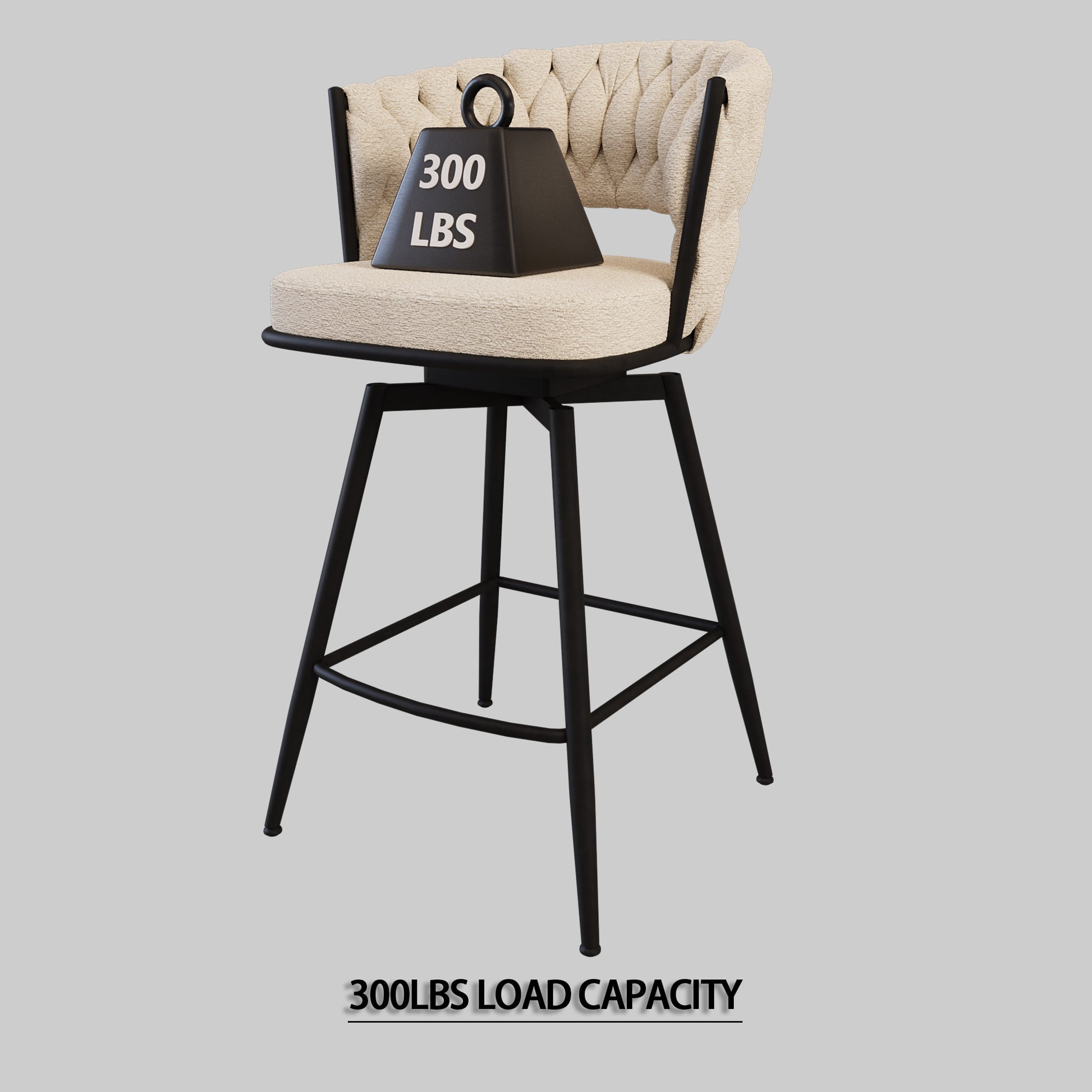 Bar Chair Toweling Woven Bar Stool Set Of 2, Black Legs Barstools No Adjustable Kitchen Island Chairs,360 Swivel Bar Stools Upholstered Counter Stool Arm Chairs With Back Footrest, White White Foam Linen