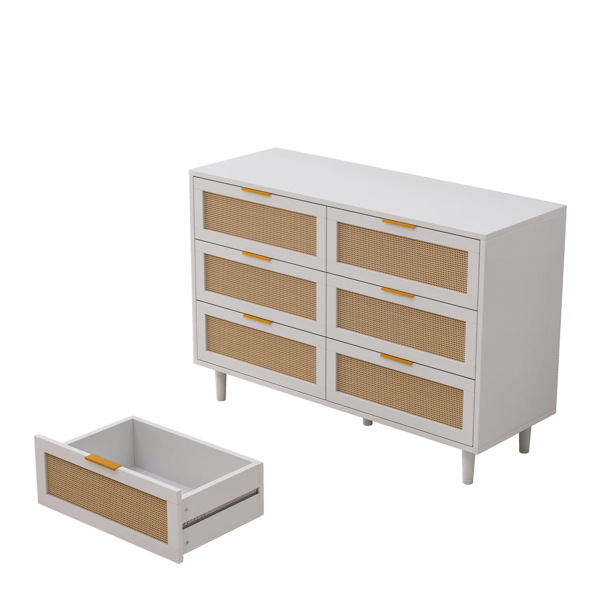 43.31"6 Drawers Rattan Storage Cabinet Rattan Drawer,For Bedroom,Living Room,White White Particle Board