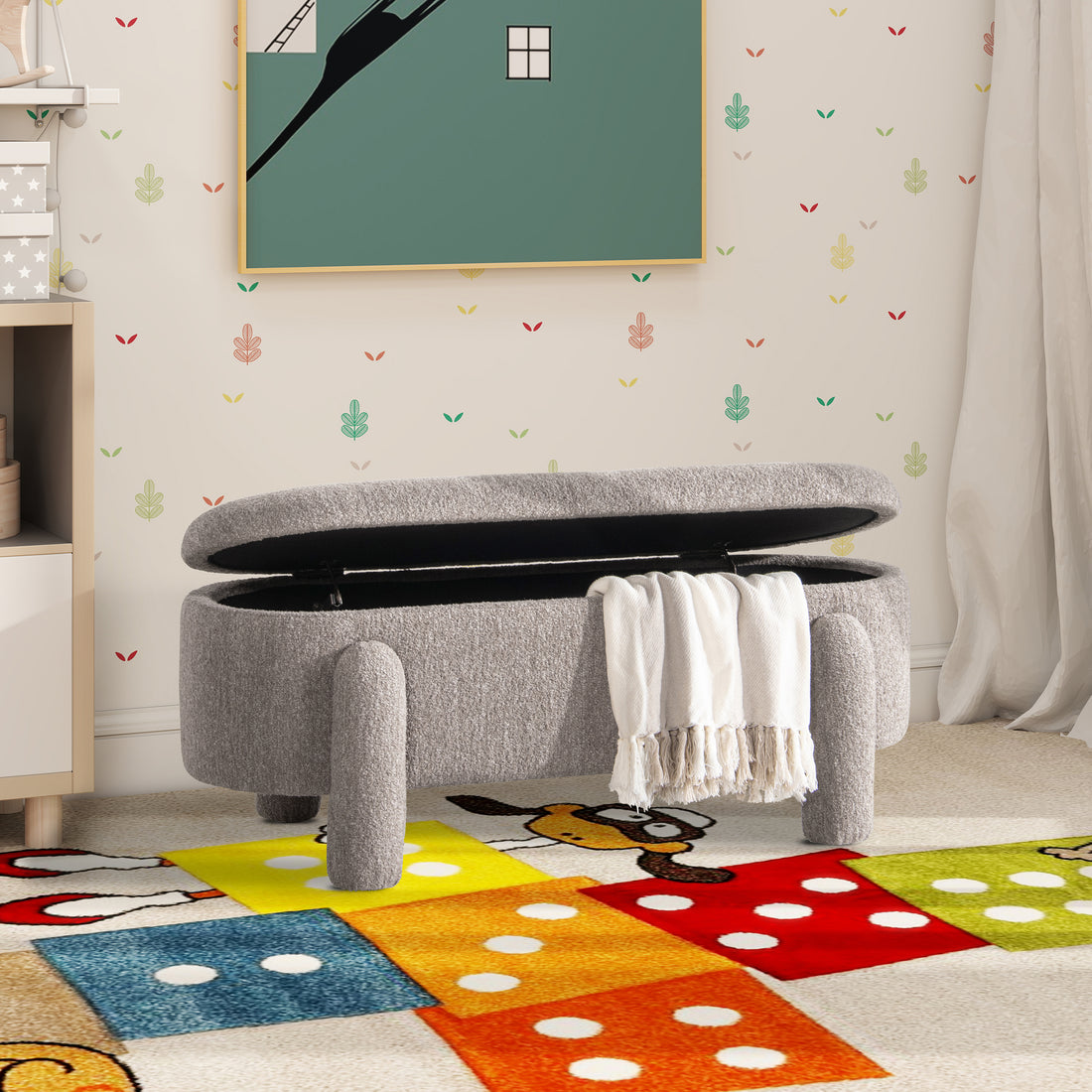 Hugo 49" Oval Fully Upholstered Storage Bench, Boucle Brown Foam Boucle