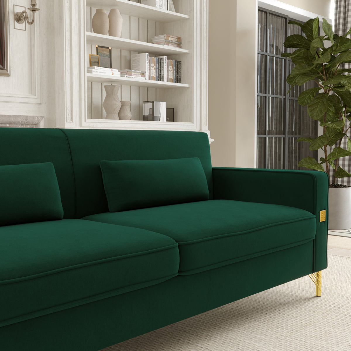 Fx P18 Rg2 Sofa Luxury Emerald Green Velvet Sofa With Gold Accents Modern 3 Seat Couch With Plush Cushions, Perfect For Living Room And Office Decor Retro Green Velvet 2 Seat