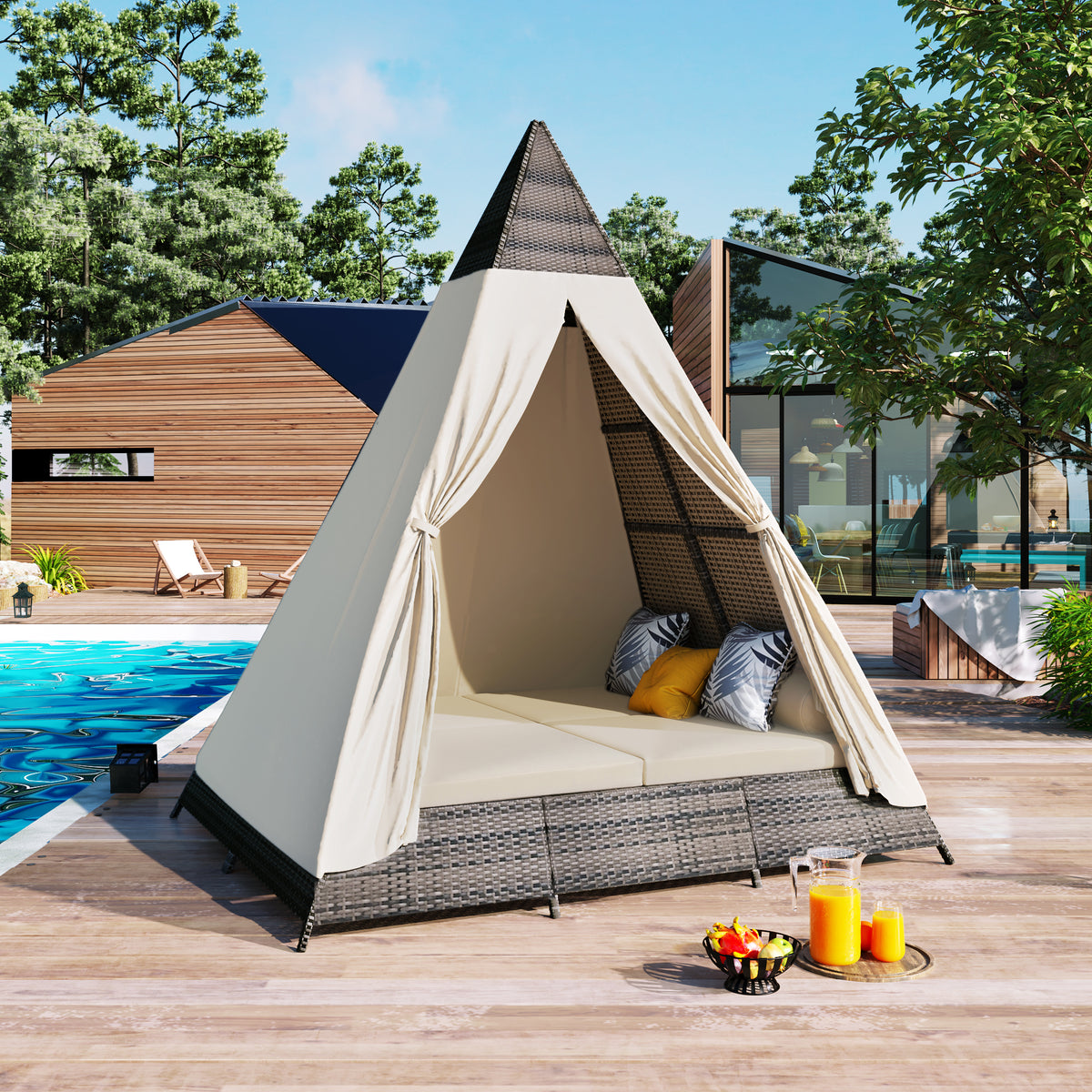 90.5" Length Outdoor Sunbed With Colorful Pillows, Wicker Patio Daybed With Cushions, Tent Shape, Brown And Beige Yes Beige Wicker