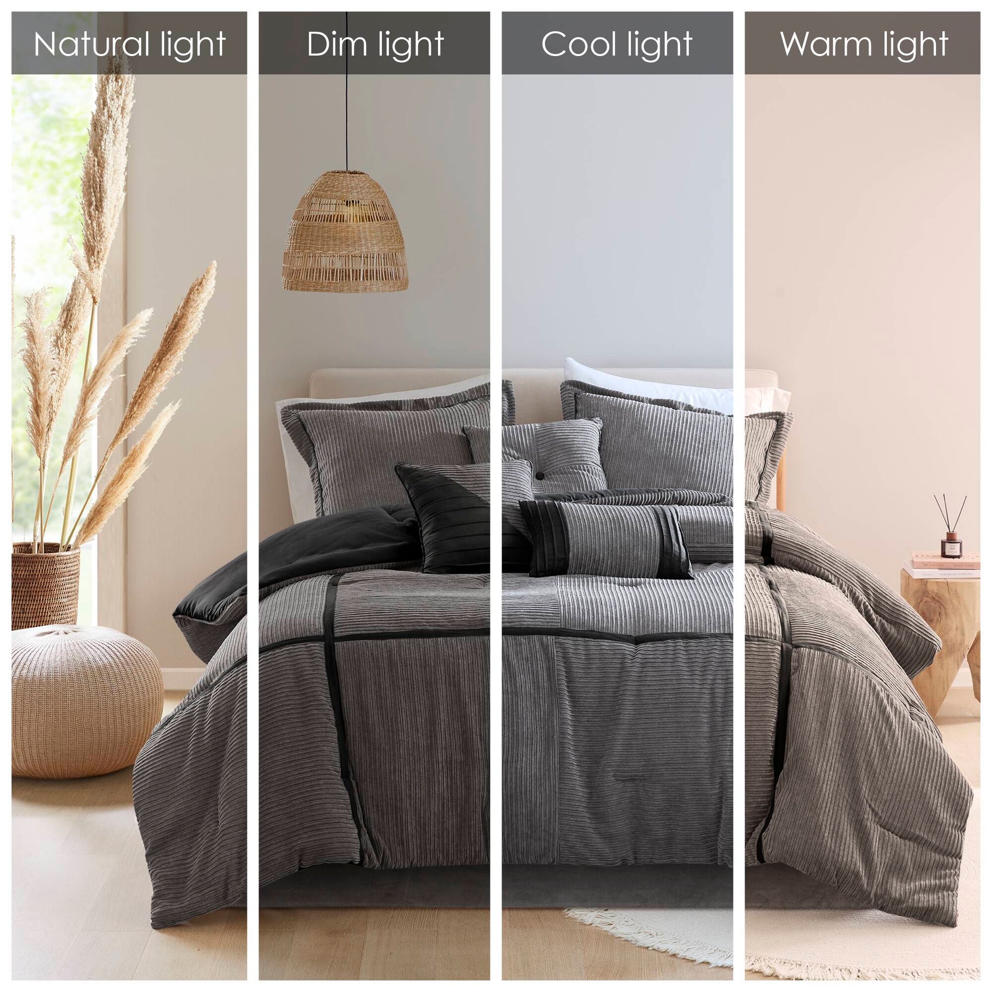 7 Piece Micro Corduroy Comforter Set Grey King Grey Polyester