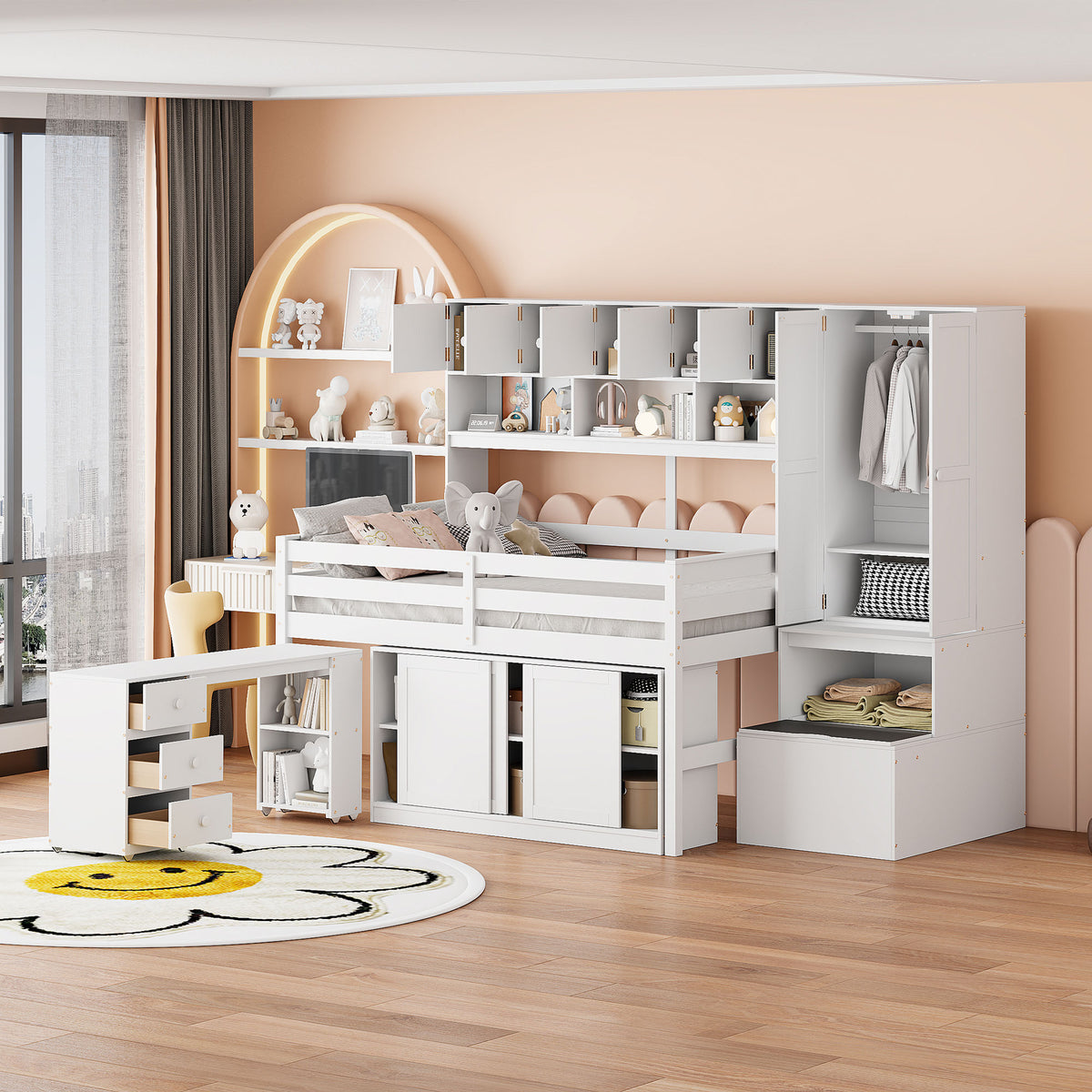 Full Size Wooden Loft Bed Big Storage With Under Bed Desk, With Drawers, With Shelves, White Full White Plywood