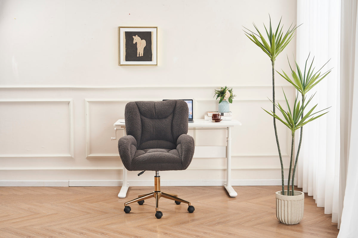 005 Teddy Fabric 360 Swivel Home Office Chair With Gold Metal Base And Universal Wheels,Dark Gray Solid Dark Gray Office Sponge Wipe Clean Modern Office Chairs Tufted Back Foam Swivel Teddy