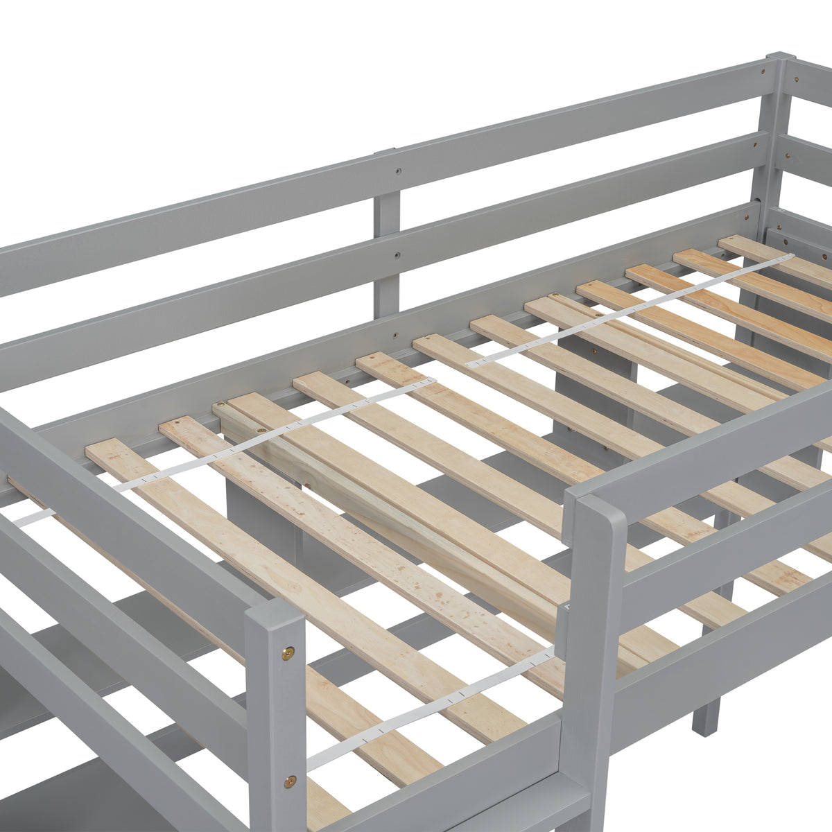 Twin Size Loft Bed With Desk And Shelves, Safety Guardrail And Ladder,Grey Twin Grey Pine