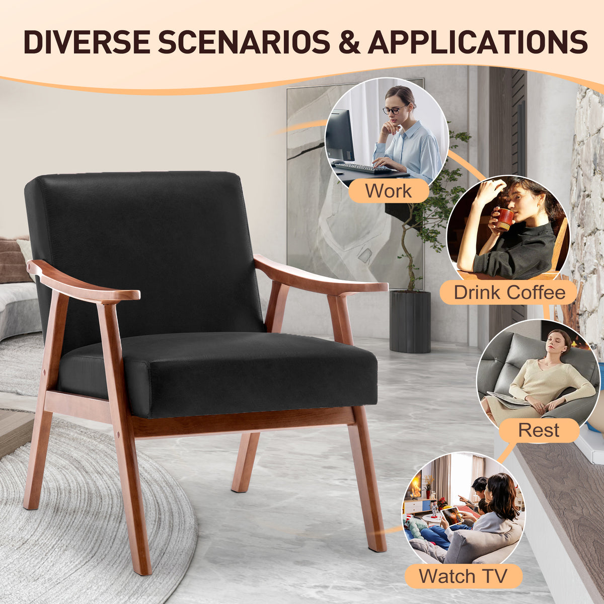 Mid Century Modern Chair, Living Room Chair With Solid Wood Frame, Accent Chair Extra Thick Backrest, Wingback Chair For Bedroom, Reading Room, Living Room, Lounge Chair Indoor Black Pu Primary Living Space Mid Century Modern Foam Pu Leather