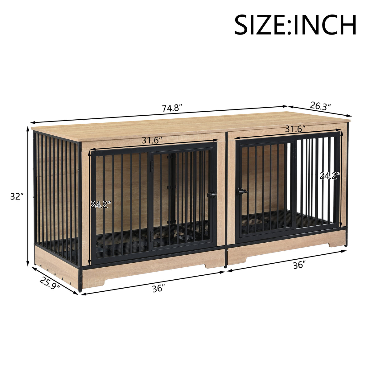 Dog Crate Furniture With Two Combined Room, Xl Large Double Dog Cage Furniture With Tray For Medium Large Dogs, Wooden Dog Kennel Furniture Black Natural Mdf Iron