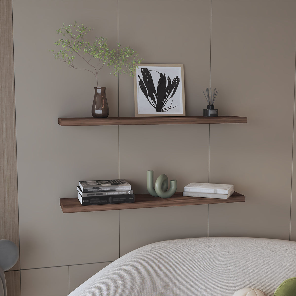 Ecco 47" Wide Floating Shelves Set Of 2, Shelves For Wall Decor For Bedroom, Bathroom Storage Shelves, Book Shelves For Living Room 2 Or Less Walnut Horizontal Primary Living Space Open Back Modern