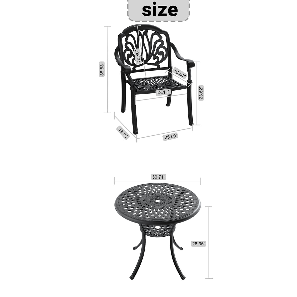 Cushions In Random Colors 3 Piece Set Of Cast Aluminum Patio Furniture With Cushions Yes Dining Set Black Seats 2 Rust Resistant Frame Water Resistant Cushion Garden & Outdoor Complete Patio Sets Aluminium