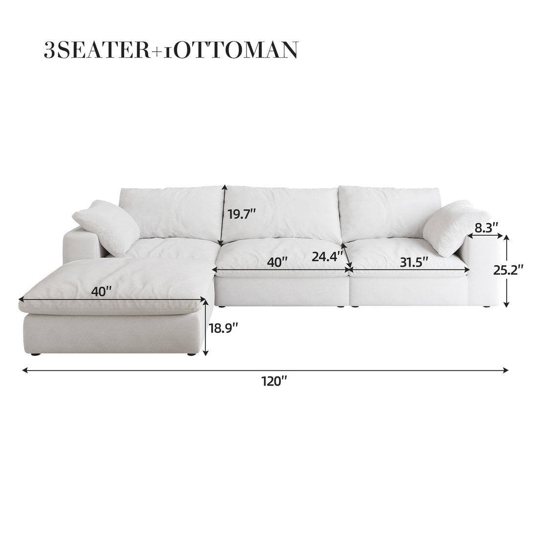 Cloud Modular Sectional Sofa With Storage Ottoman 120Inch Down Filled Comfort L Shaped Sofa Couch For Living Room 3Seater 1 Ottoman White Wood Primary Living Space Soft Cushion Back Pillow Top Arms Foam Fabric 4 Seat