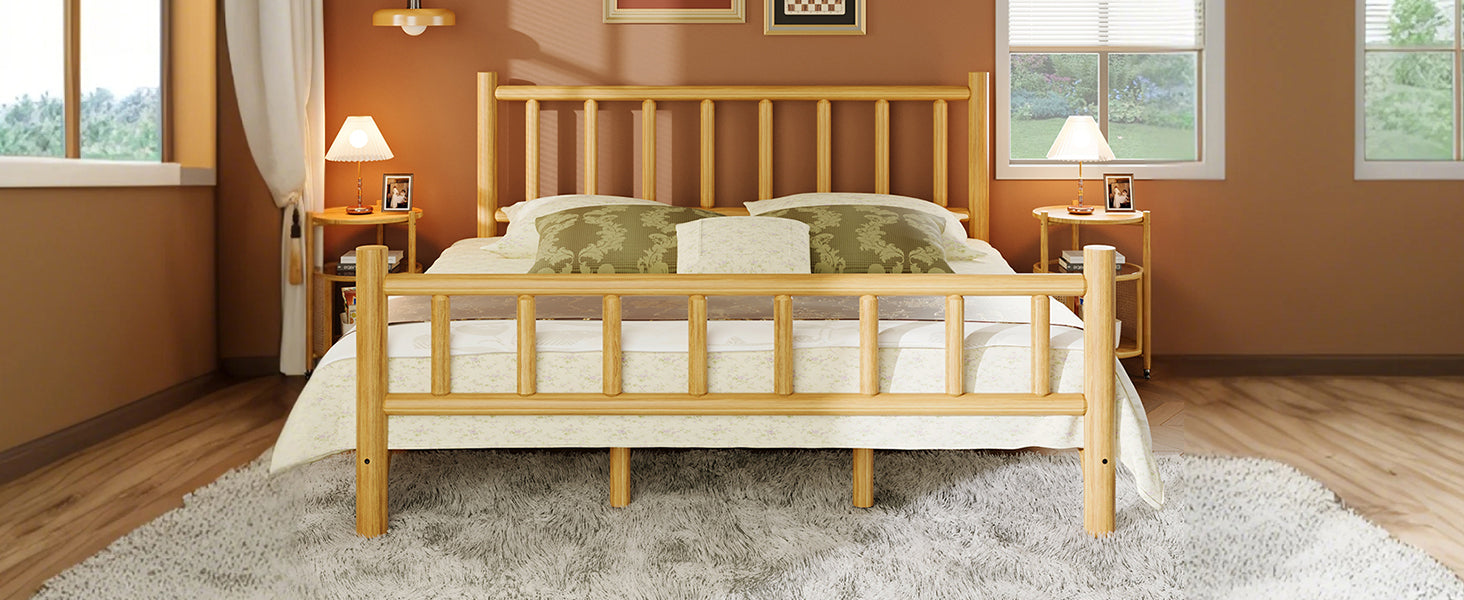 Farmhouse Log Bed Frame King Rustic Style Pure Solid Pine Cylinder Construction Bed Fits Mattresses And Box Springs, Natural Finish King Natural Pine