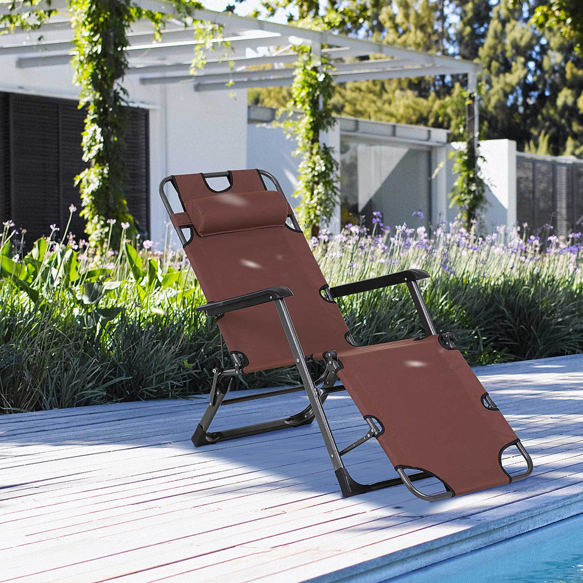 Outsunny Folding Chaise Lounge Chair For Outside, 2 In 1 Tanning Chair With Pillow & Pocket, Adjustable Pool Chair For Beach, Patio, Lawn, Deck, Brown Brown Metal