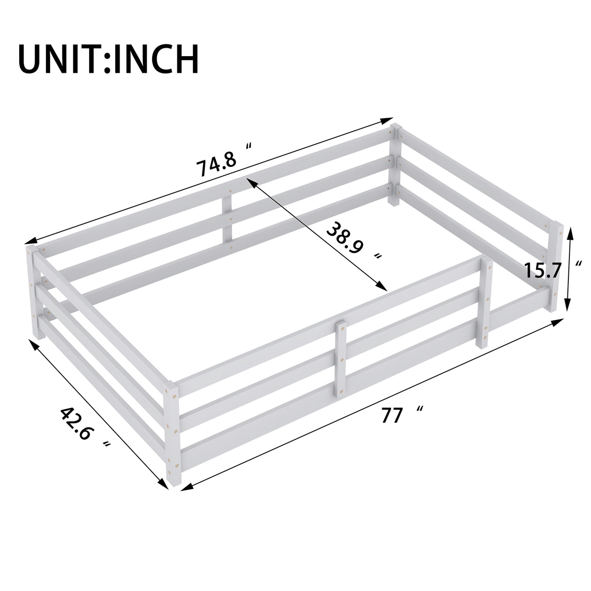 Twin Size Floor Bed, Montessori Floor Bed With Fence, Kids Montessori Bed Twin Size, Wood Montessori Floor Bed For Kids, Girls, Boys Gray Grey Wood Metal
