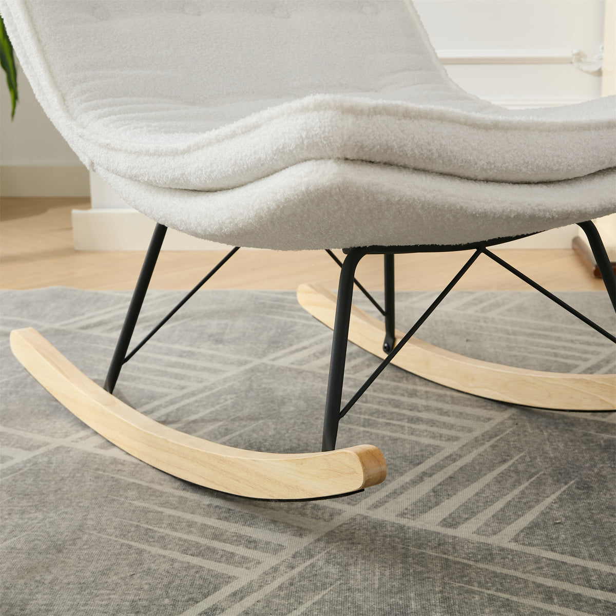 Lazy Rocking Chair,Comfortable Lounge Chair With Wide Backrest And Seat Wood Base, Upholstered Armless Rocker Chair For Living Room, Balcony,Bedroom And Patio Porch. White Cushion Iron White Primary Living Space Sponge Square Casual Rocking Chairs