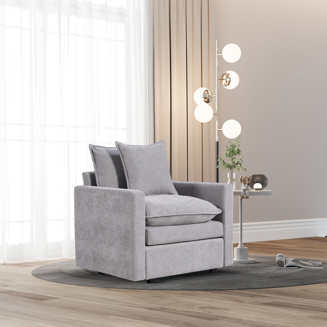 Chenille Fabric Comfy Deep Single Seat Sofa Upholstered Reading Armchair Living Room Gray Wood Foam Chenille 1 Seat