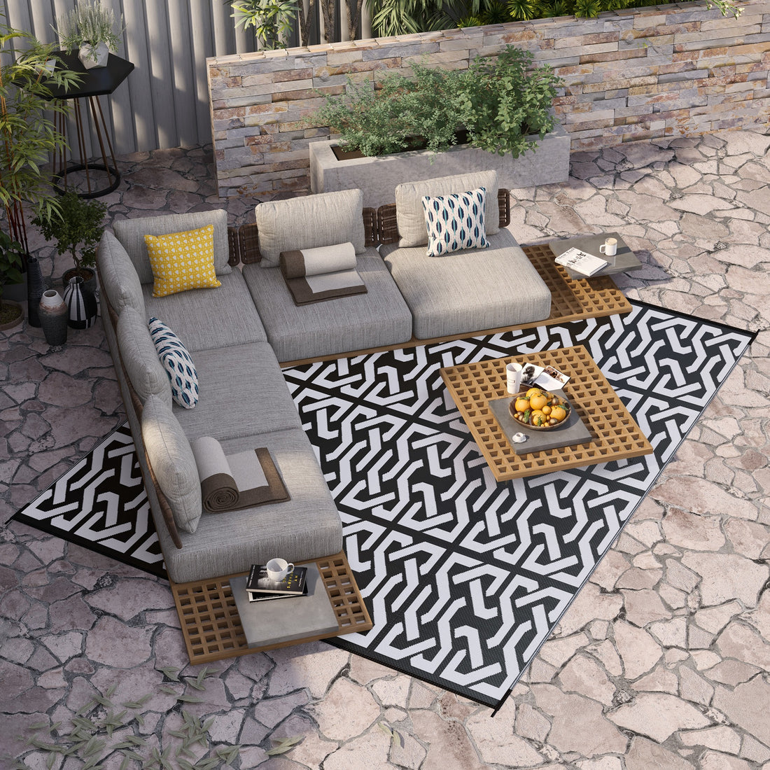 Outsunny Reversible Outdoor Rug, 8' X 10' Waterproof Plastic Straw Floor Mat, Portable Rv Camping Carpet With Carry Bag, Large Floor Mat For Backyard, Deck, Picnic, Beach, Black & White Chain Multicolor Polypropylene