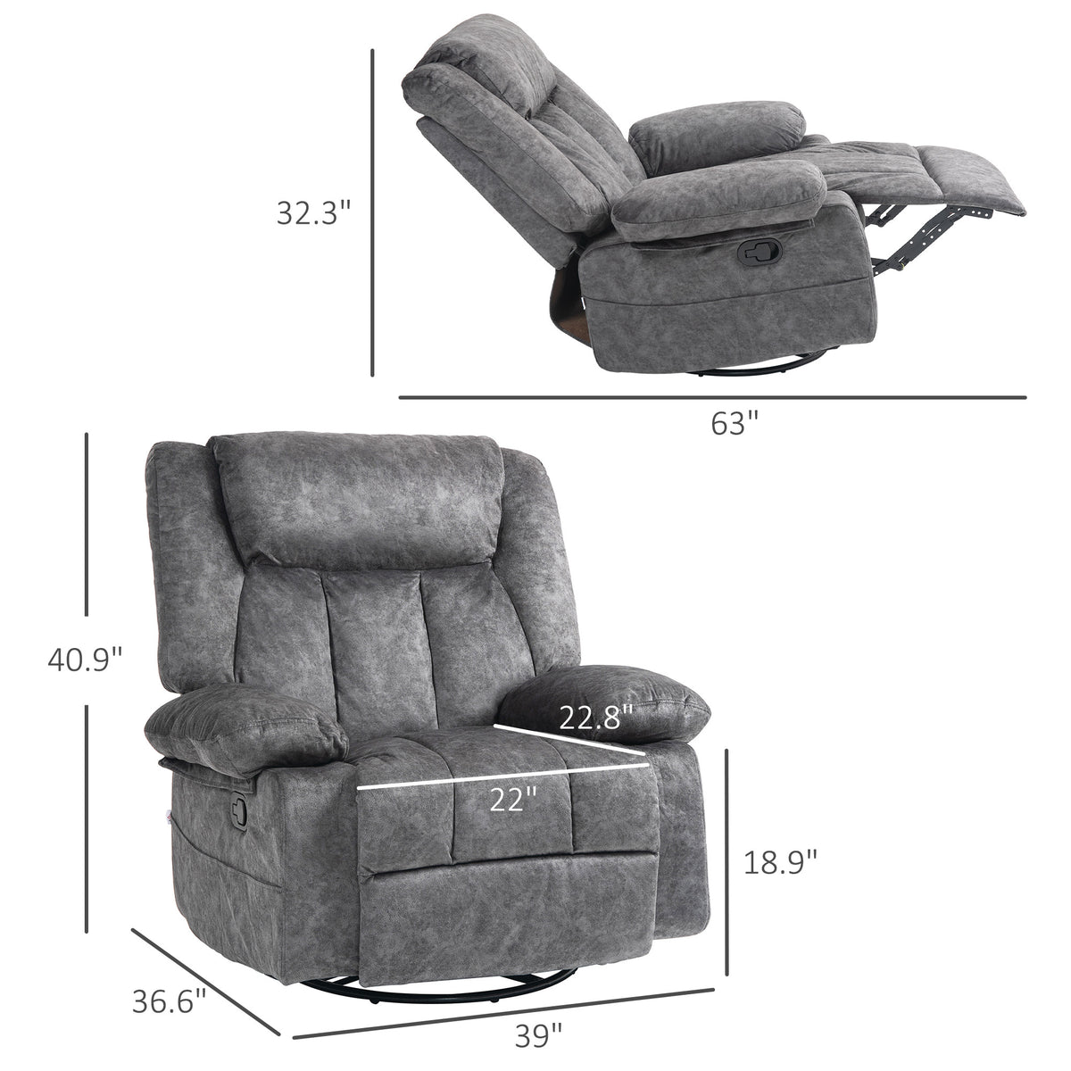 Homcom Swivel Rocker Recliner Chair For Living Room, Fabric Reclining Chair For Nursery, Rocking Chair With Footrest, Side Pockets, Charcoal Gray Charcoal Grey Polyester