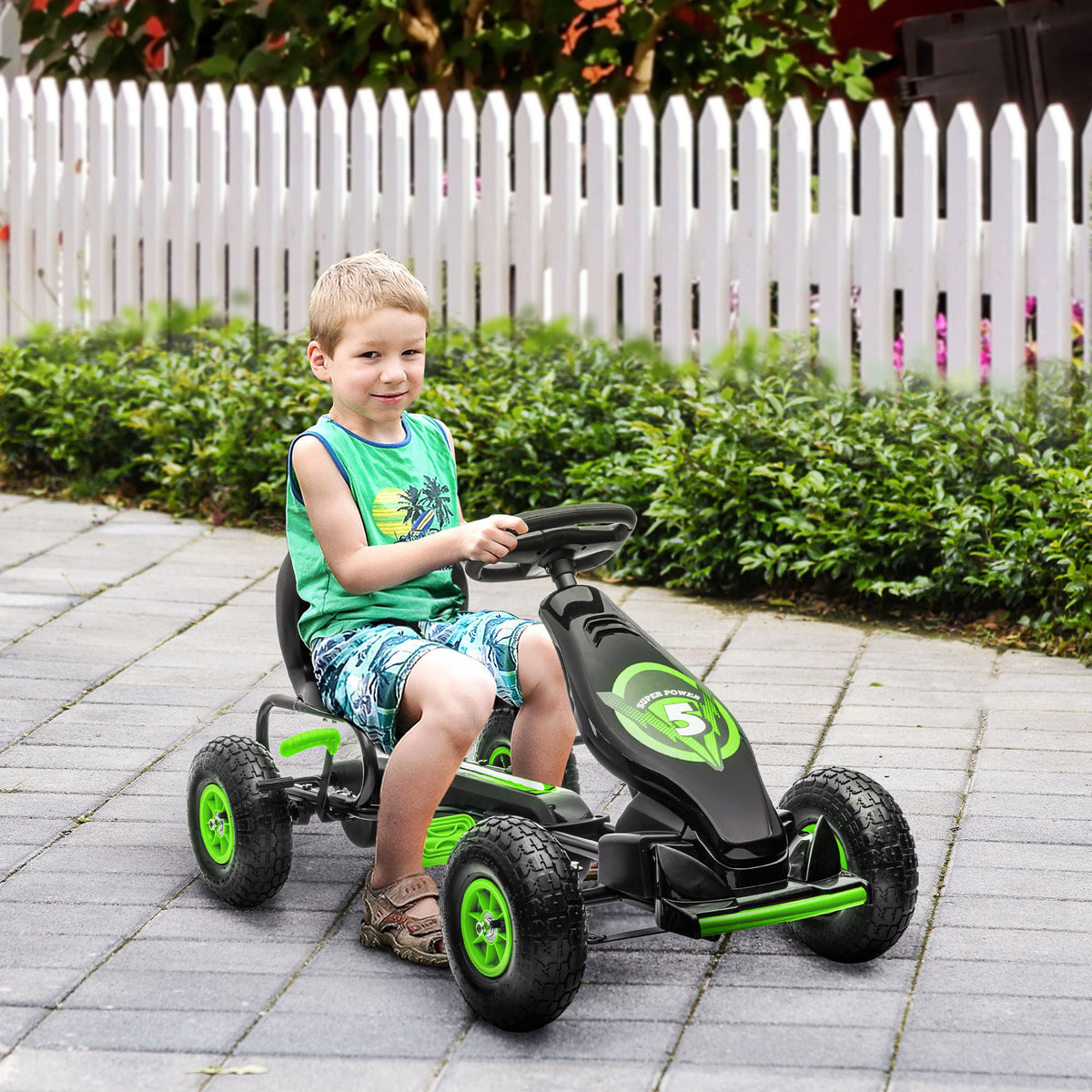 Aosom Kids Pedal Go Kart Ride On Toy With Ergonomic Comfort, Pedal Car With Tough, Wear Resistant Tread, Go Cart Kids Car For Boys & Girls With Suspension System, Safety Hand Brake, Ages 5 12, Green Green Plastic