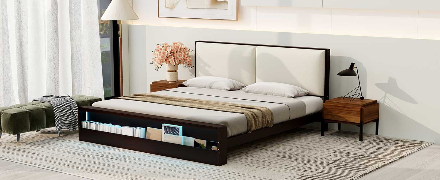 King Size Platform Bed Frame With Upholstery Headboard And Bookshelf In Footboard And Led Light Strips, Espresso King Espresso Solid Wood Mdf
