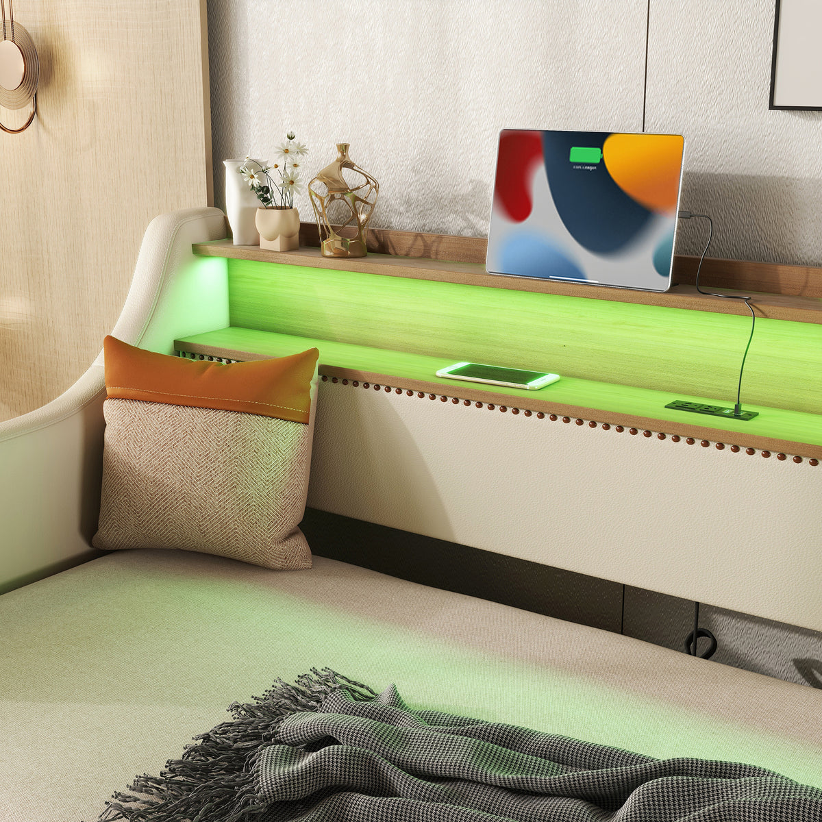 Twin Size Daybed With Trundle, Upholstered Daybed With Charging Station And Led Lights, Beige Expect Arrive Date:May 20Th. Twin Beige Pu Leather