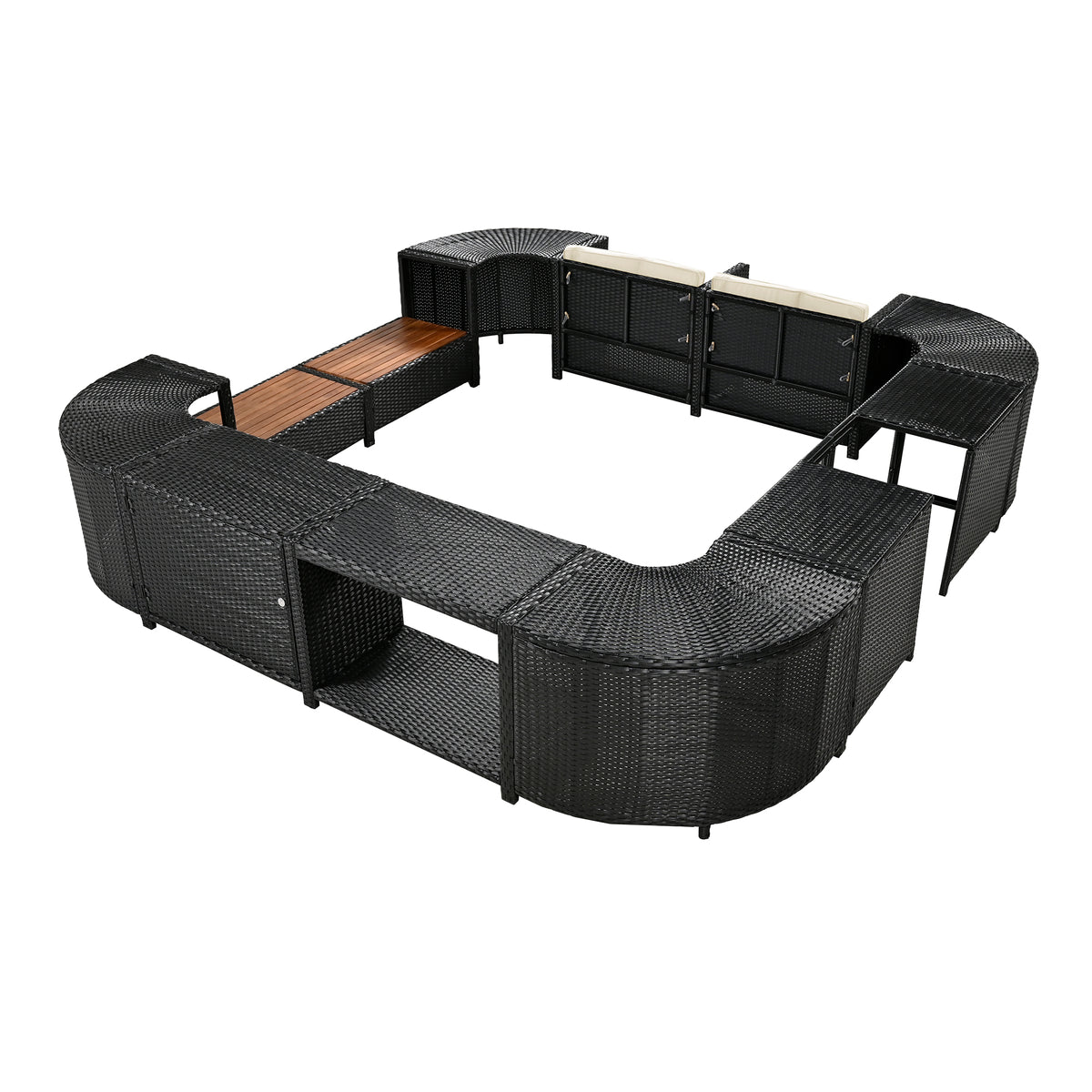 Spa Surround Spa Frame Quadrilateral Outdoor Rattan Sectional Sofa Set With Mini Sofa,Wooden Seats And Storage Spaces, Beige Yes Beige Water Resistant Frame Water Resistant Cushion Garden & Outdoor Sectional Seating Groups Foam Rattan Waterproof Fabric