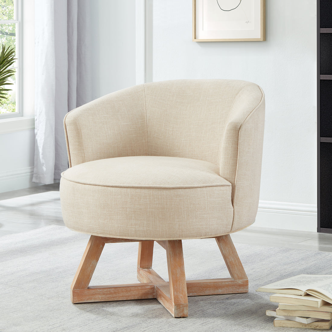 Swivel Chair With Cross Shaped Wooden Base,Lounge Chair With Solid Wood Legs, 360 Freely Swivel Chairclassic Linen Fabric For Living Room, Bedroom, Office, Dresser Beige Beige Primary Living Space American Design,Artsy,Casual,Classic,Modern Rubberwood