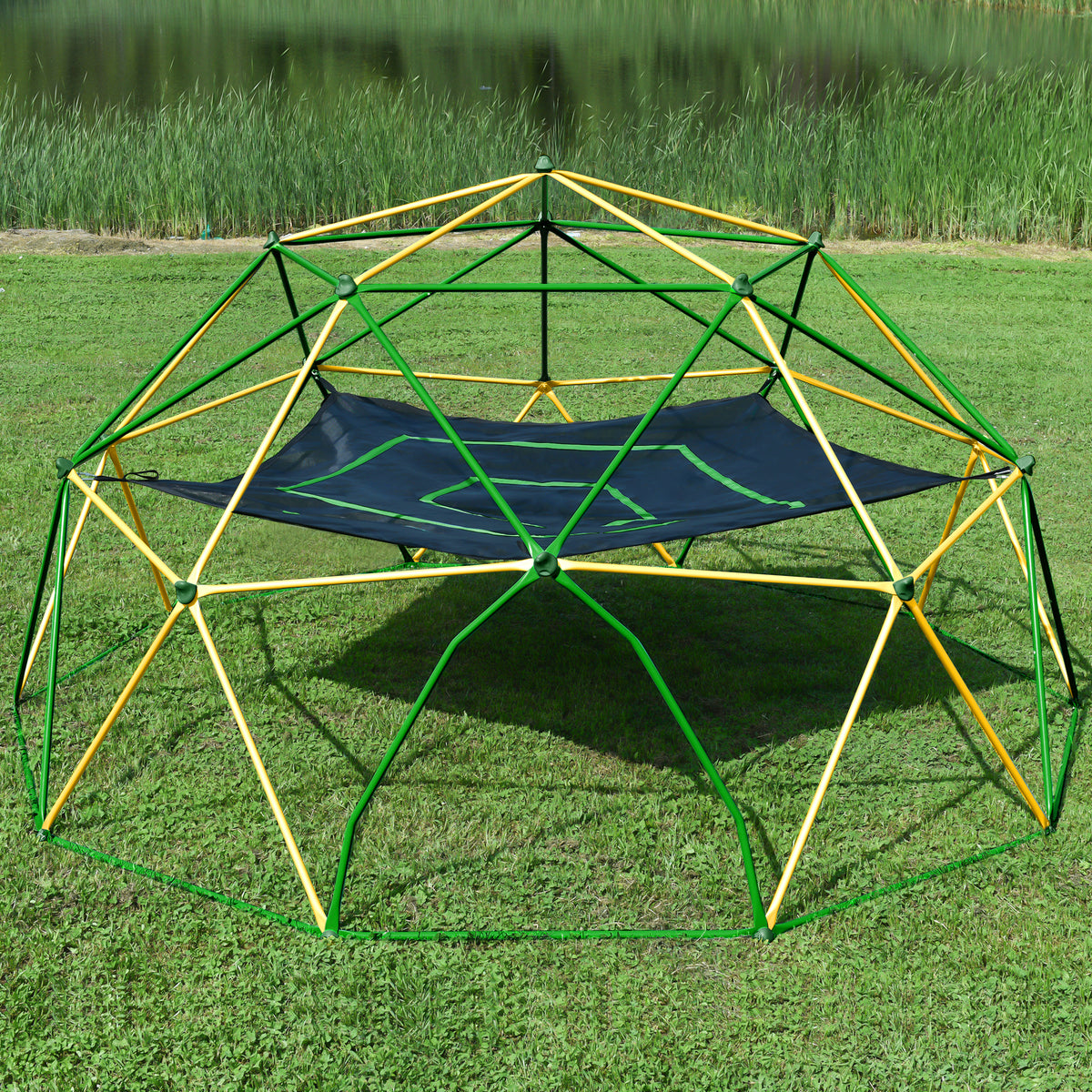 13Ft Geometric Dome Climber Play Center, Kids Climbing Dome Tower With Hammock, Rust & Uv Resistant Steel Supporting 1000 Lbs Yellow Metal