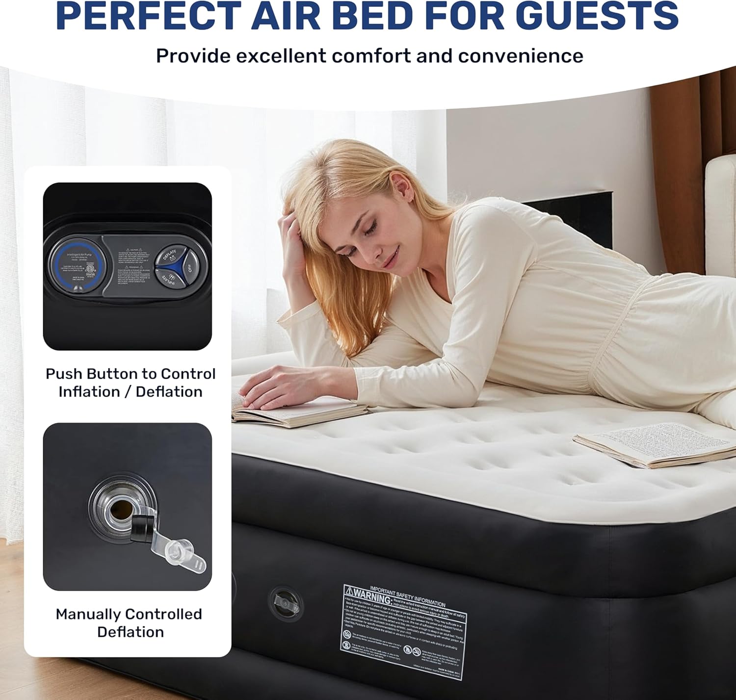 Queen Camping Air Mattress With Built In Electric High Speed Pump, 16" Bed Height, Blow Up Aerobed Inflatable Airbed With Carrying Bag For Home Guests & Travel, Waterproof Foldable Portable Black