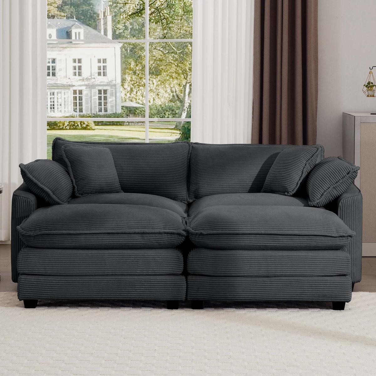Corduroy Two Seater Sofa With 2 Footrest, 2 Seater Sofa With Ottoman For Small Living Spaces, Grey Corduroy Sofa Grey Corduroy 2 Seat