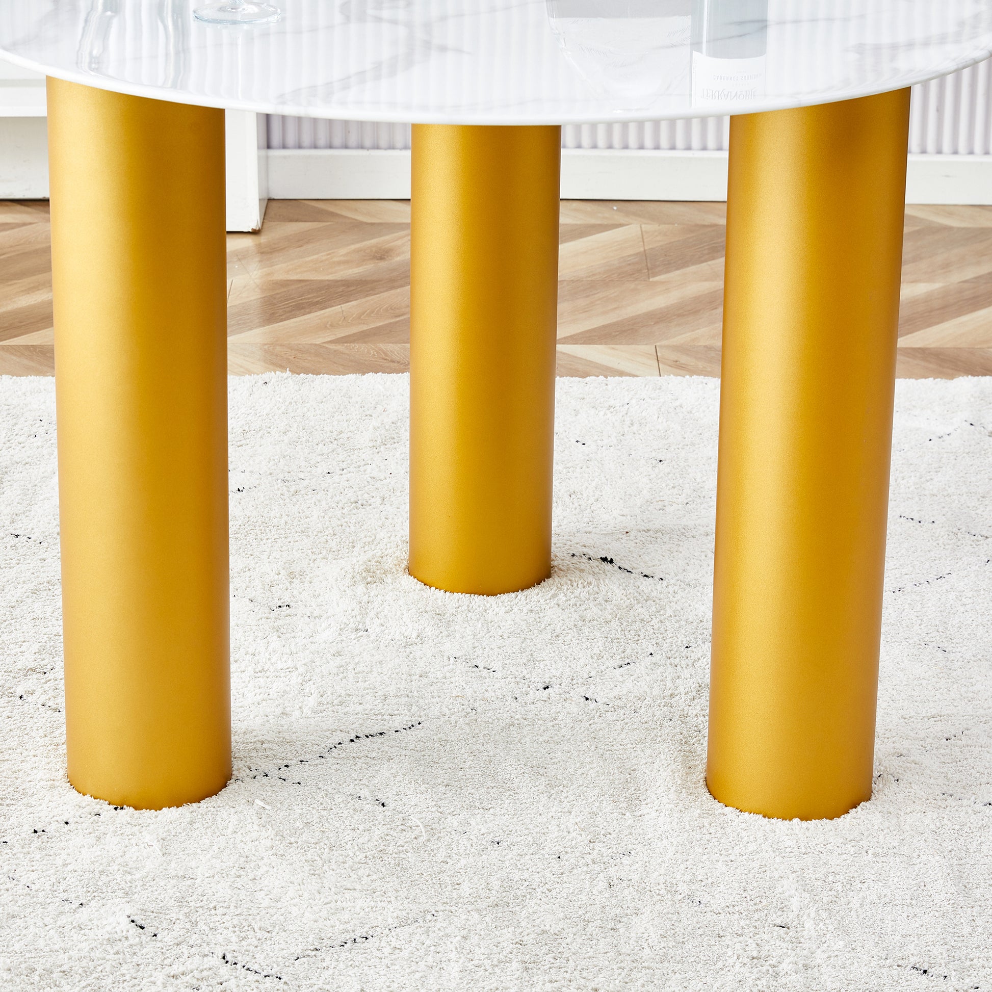 Table And Chair Set, Round Table With White Marble Pattern, Gold Mdf Table Legs, Soft And Comfortable Dining Chair, Suitable For Kitchen And Living Room White Seats 4 Mdf