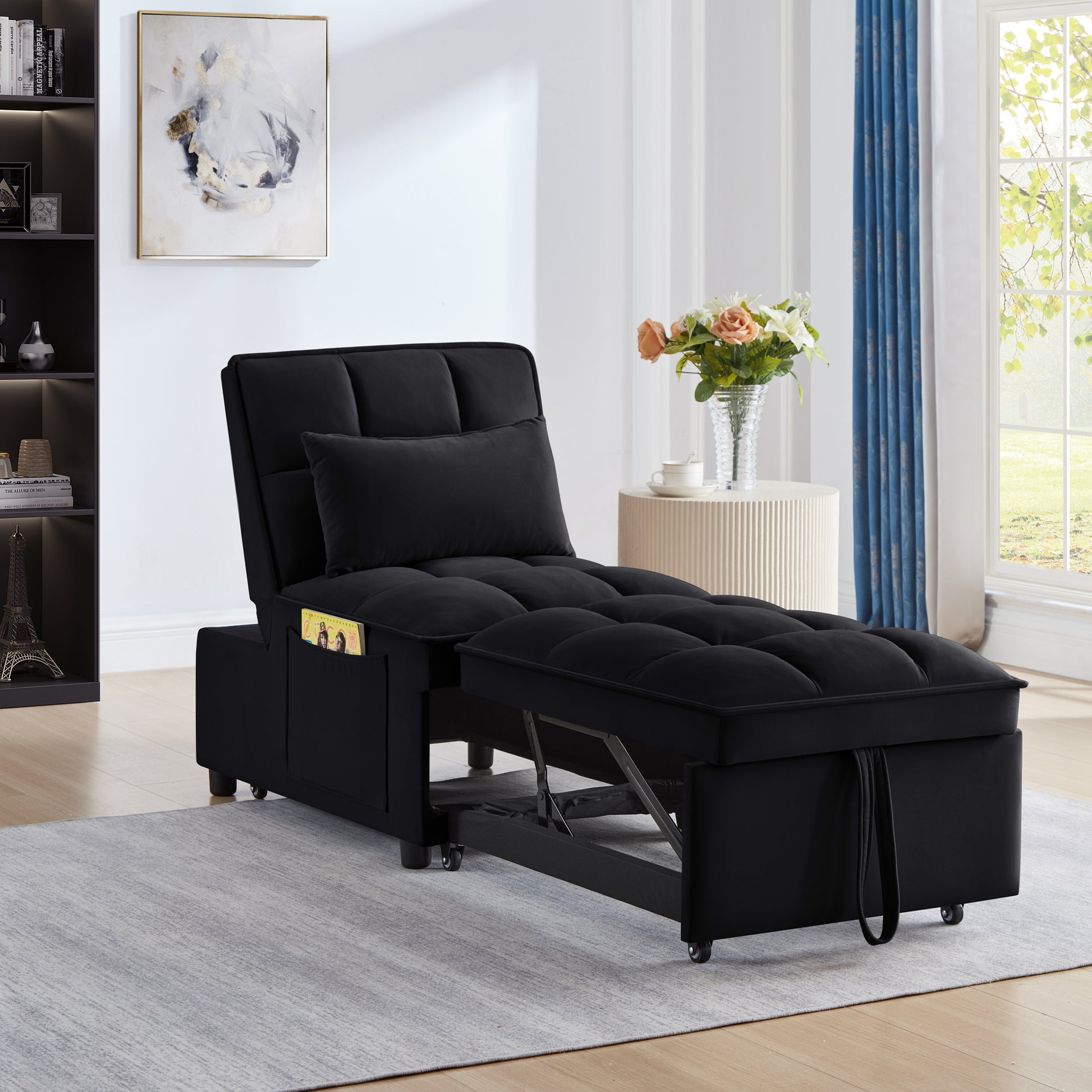 4 In1 Multi Function Single Sofa Bed With Storage Pockets,Tufted Single Pull Out Sofa Bed With Adjustable Backrest And Pillows ,Convertible Chaise Lounge,Black Black Velvet Metal Primary Living Space Medium Soft American Design Armless Foam Velvet 1 Seat