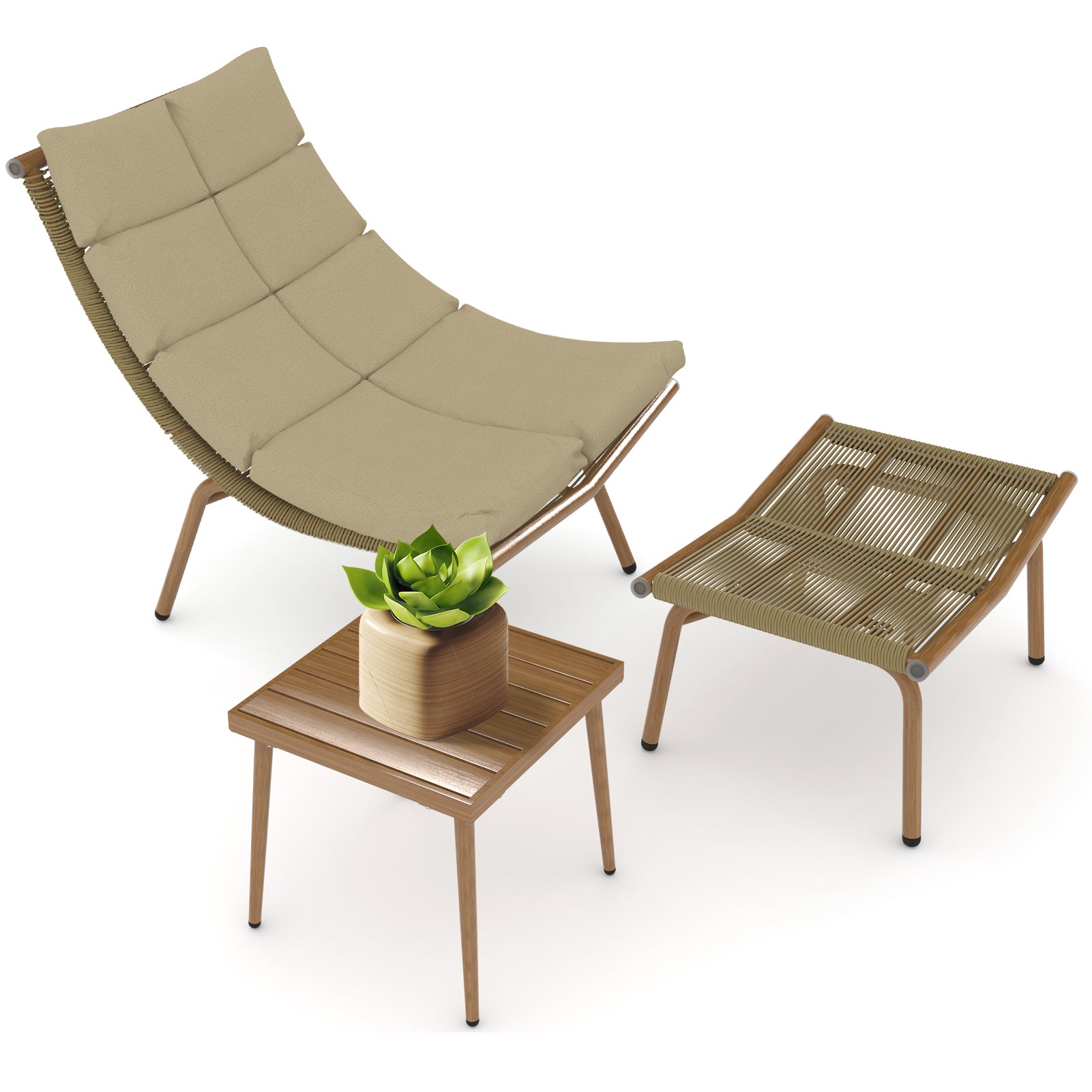 Chaise Lounge Chair With Table For Outdoor Indoor Wood Color Alloy Frame 380Lbs Capacity With Cushion Recliner For Camping Gaming Lunch Break Garden Party Sunbathing Gold Brown Rattan Metal
