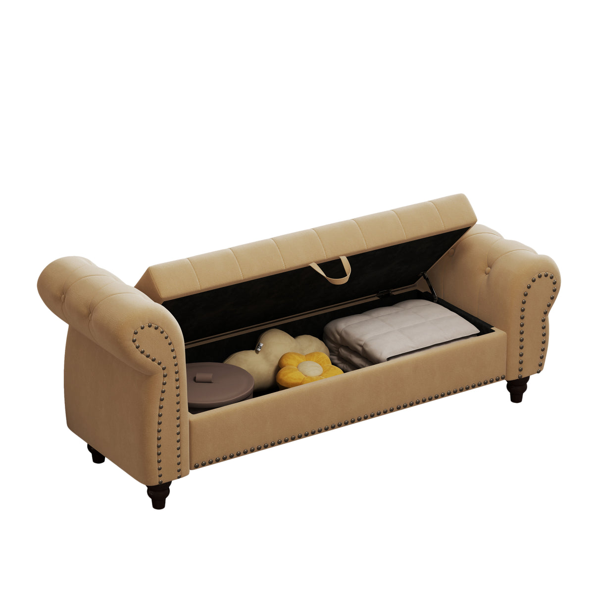 64.5" Bed Bench For Bed Room Nails Tufted Chaise Of Lounge With Storage Velvet Upholstery Khaki Khaki Foam Velvet