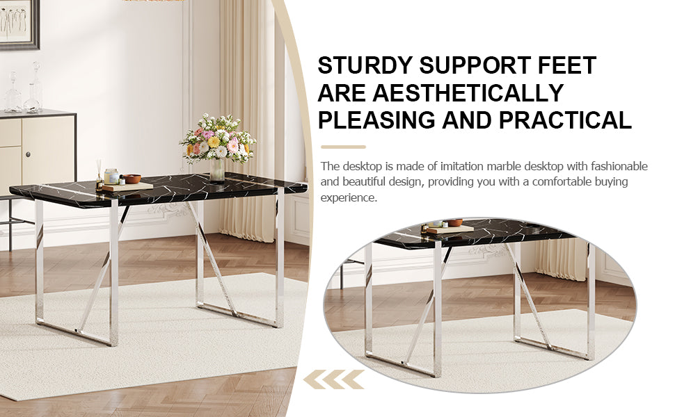 Table And Chair Set.A Rustic Industrial Rectangular Mdf Black Dining Table With Mdf Desktop And Electroplated Silver Metal Legs.Paried With 4 Chairs With Pu Cushion And Metal Legs. White Black Seats 4 Mdf Metal