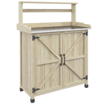 Outsunny Potting Bench, Outdoor Wooden Potting Table With Storage Cabinet With 2 Shelves, Garden Work Bench With Galvanized Plated Tabletop For Backyard, Balcony, Natural Natural Wood