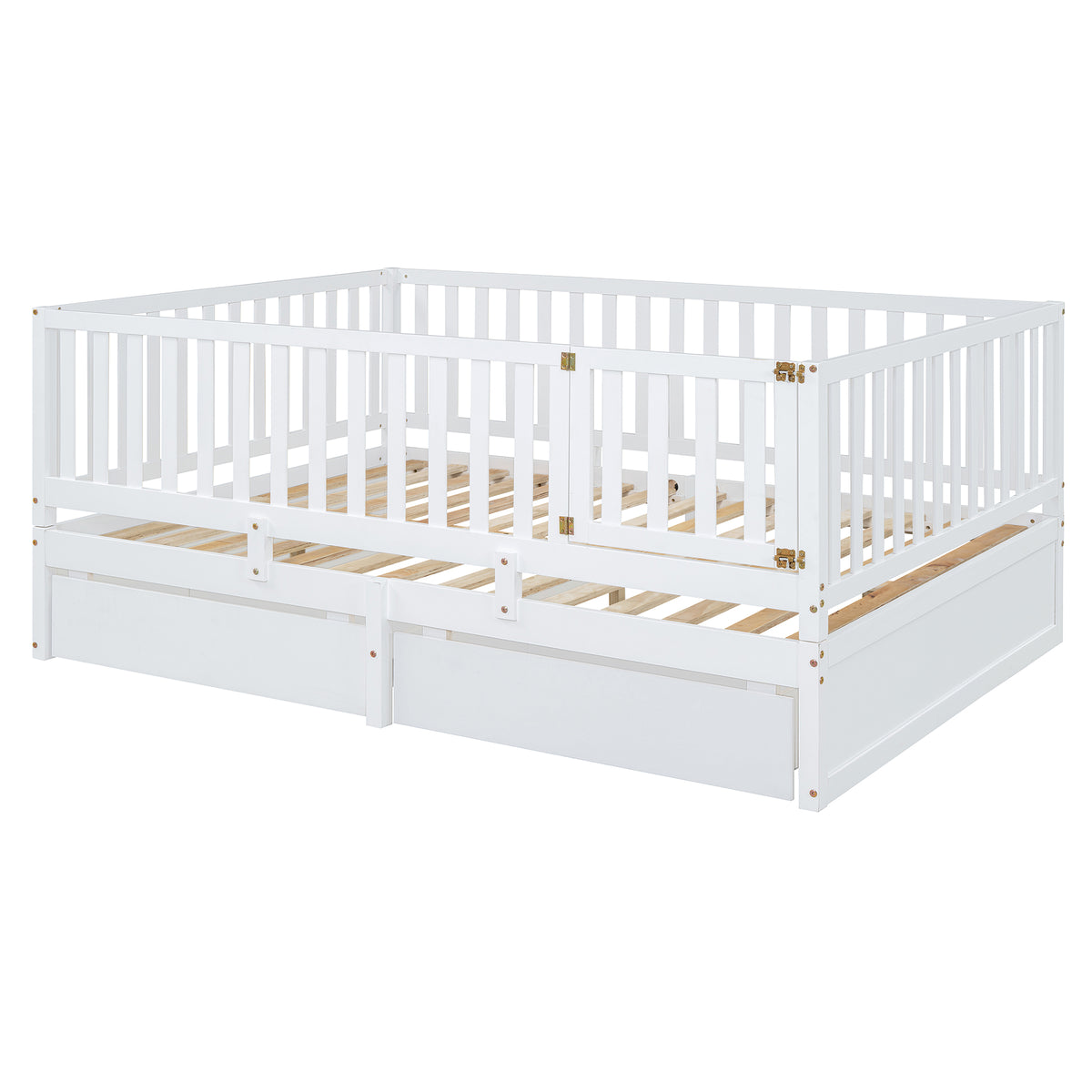 Full Size Wood Daybed With Fence Guardrails And 2 Drawers, Split Into Independent Floor Bed & Daybed, White Old Sku :Lp000882Aak Full White Solid Wood Mdf