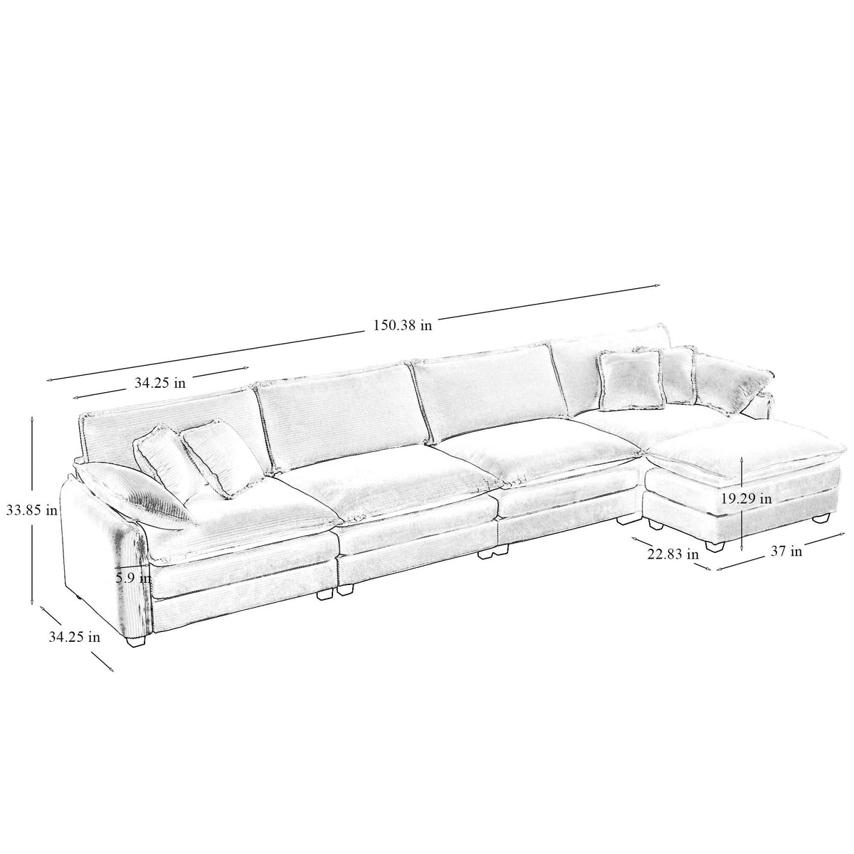 Corduroy Sofa Modern Upholstered 4 Seater With With 1 Footstool Corduroy Fabric Sofaoffice Living Room Apartment Comfort Sofa, Easy To Assemble With 2 Arm Pillows And 4 Throw Pillows Grey Corduroy 4 Seat