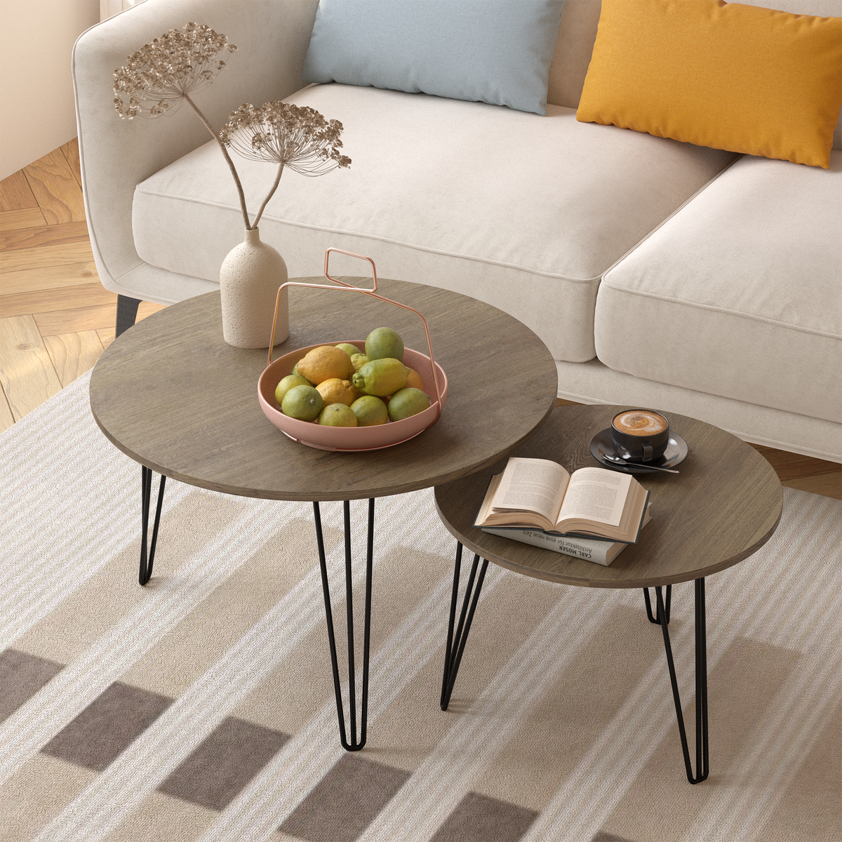 27.56'' Round Nesting Coffee Table Set Of 2, Circular Nesting End Table Set, Round Wooden Tabletop, And Sturdy Metal Base For Living Room, Bedroom, Brown Rustic Brown Round Wood Metal