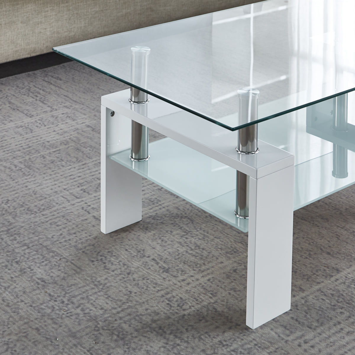 Artisan Center Coffee Table, Tempered Glass Top Stainless Steel Legs For Living Room, White White Mdf