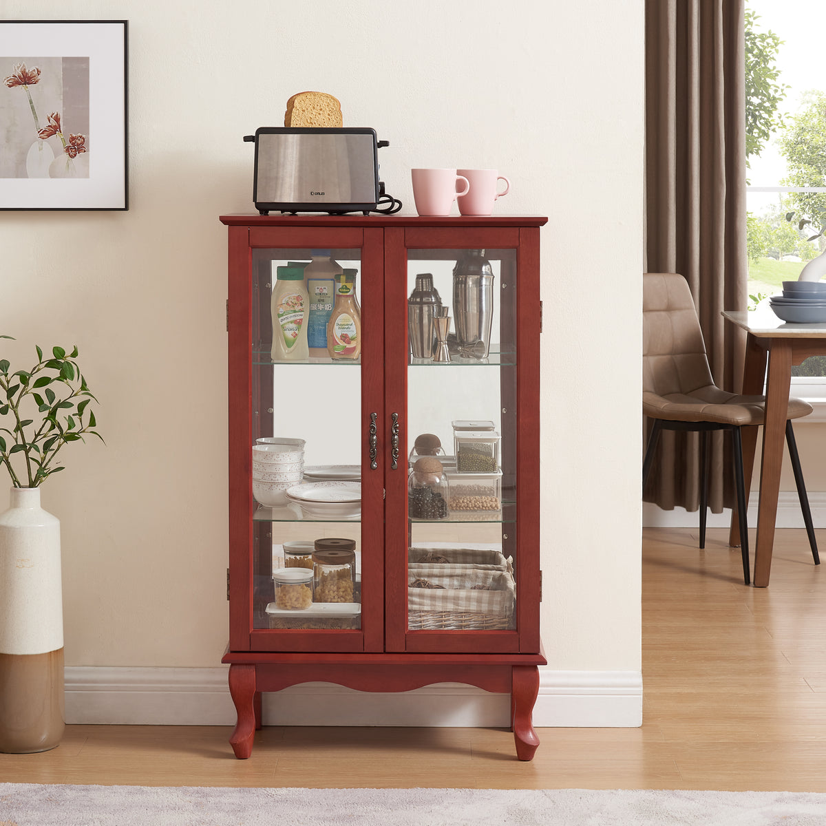 2 Doors Curio Cabinet With Tempered Glass Doors, Curio Cabinets With Mirrored Back Panel And Adjustable Shelves, Lighted Display Cabinet For Home, Office Light Bulb Included Cherry Cherry Mdf Glass