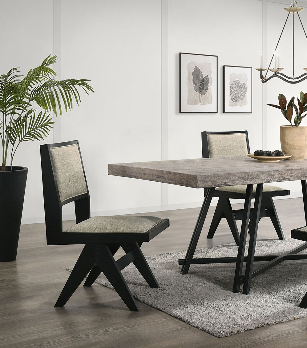 Contemporary Black Color 2Pc Dining Side Chairs Light Gray Fabric Upholstered Chairs Arms Dining Room Rubberwood Black Dining Room Contemporary Dining Chairs Rubberwood Solid Back Set Of 2