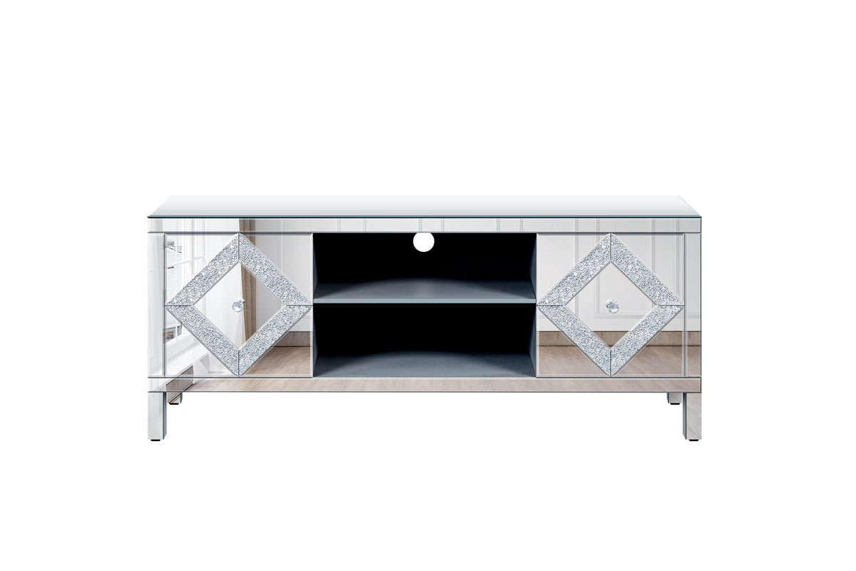 Mirrored Tv Stand For 65 Inch Tv,Sliver Tv Console Table With Open Storage & 2 Storage Cabinets ,Diamond Shape Sparkling Mirror Doors For Living Room 59''W X 25.2''H X 15.7D 1 2 Shelves Glass Pane