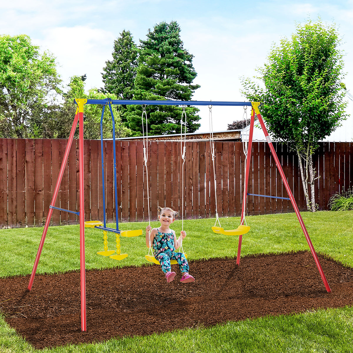 Outsunny Metal Swing Set With Glider, Two Swing Seats And Adjustable Height, Outdoor Heavy Duty A Frame Suitable For Playground, Backyard, Multi Color Multicolor Metal