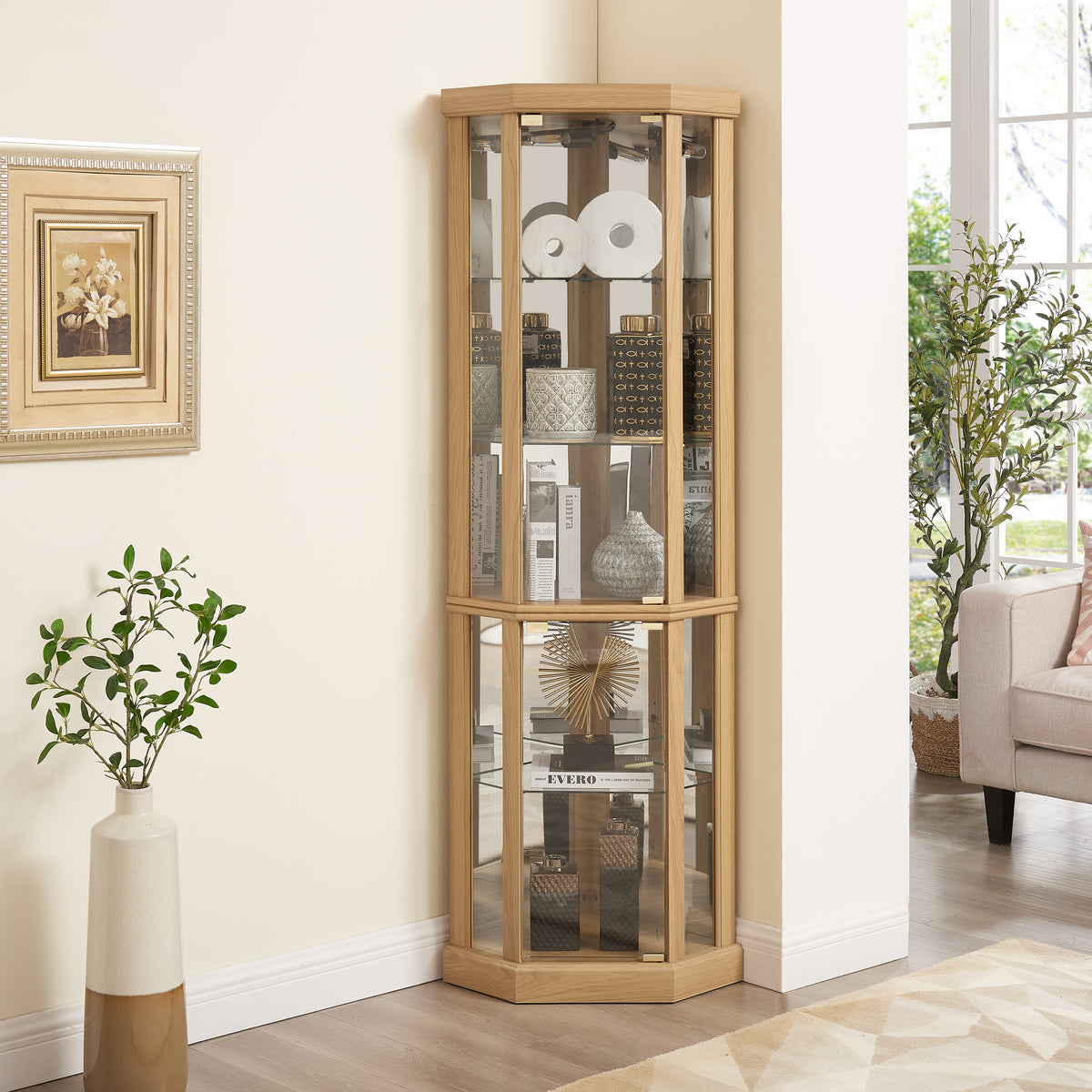 Corner Lighted Curio Cabinet Corner Glass Cabinet Lighted Curio Cabinet Corner Display Case For Living Room, Curio Cabinet, Antique Collection, Wine,Bar Glass Storage Light Included,Light Oak Light Oak Mdf Glass