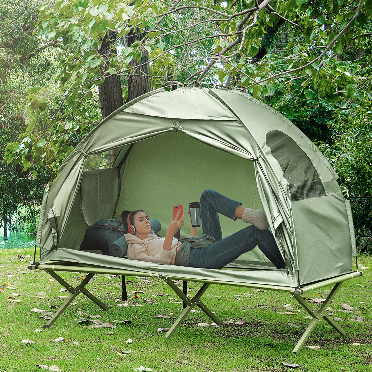 Outsunny Camping Tent Cot, Single Person Folding Cot Combo, Off Ground Tent, Covered Outdoor Bed With Carry Bag For Hiking, Camping Green Polyester