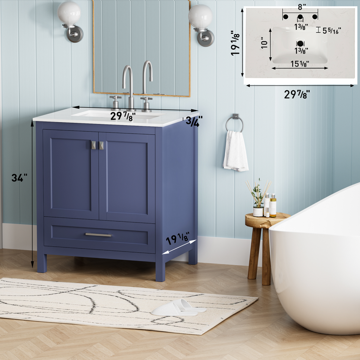 30 Inch Freestanding Bathroom Vanity With Sink, Carrara Engineered Marble Vanity Top With Undermounted Rectangular Ceramic Sink, Large Storage Soft Close Door, Navy Blue 24V03 30Nb Navy Blue Wood