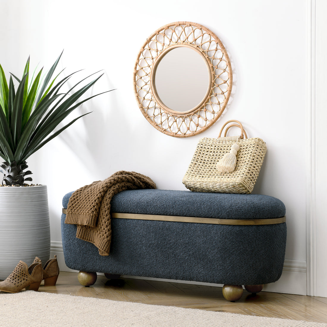 Storage Ottoman Bench, Upholstered End Of Bed Ottoman Bench With Storage And Seating, Large Blanket Storage Bench For Foot Rest In Bedroom, Living Room, Entryway, Dark Blue Dark Blue Foam
