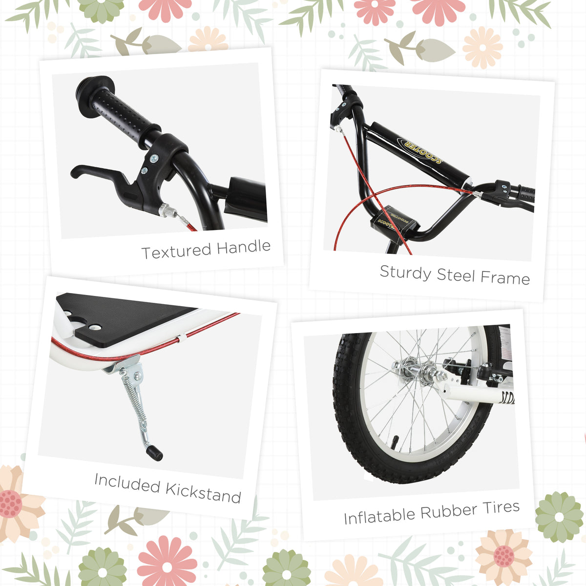 Aosom Youth Scooter Kick Scooter For Kids 5 With Adjustable Handlebar 16" Front And Rear Dual Brakes Inflatable Wheels, White White Iron Plastic