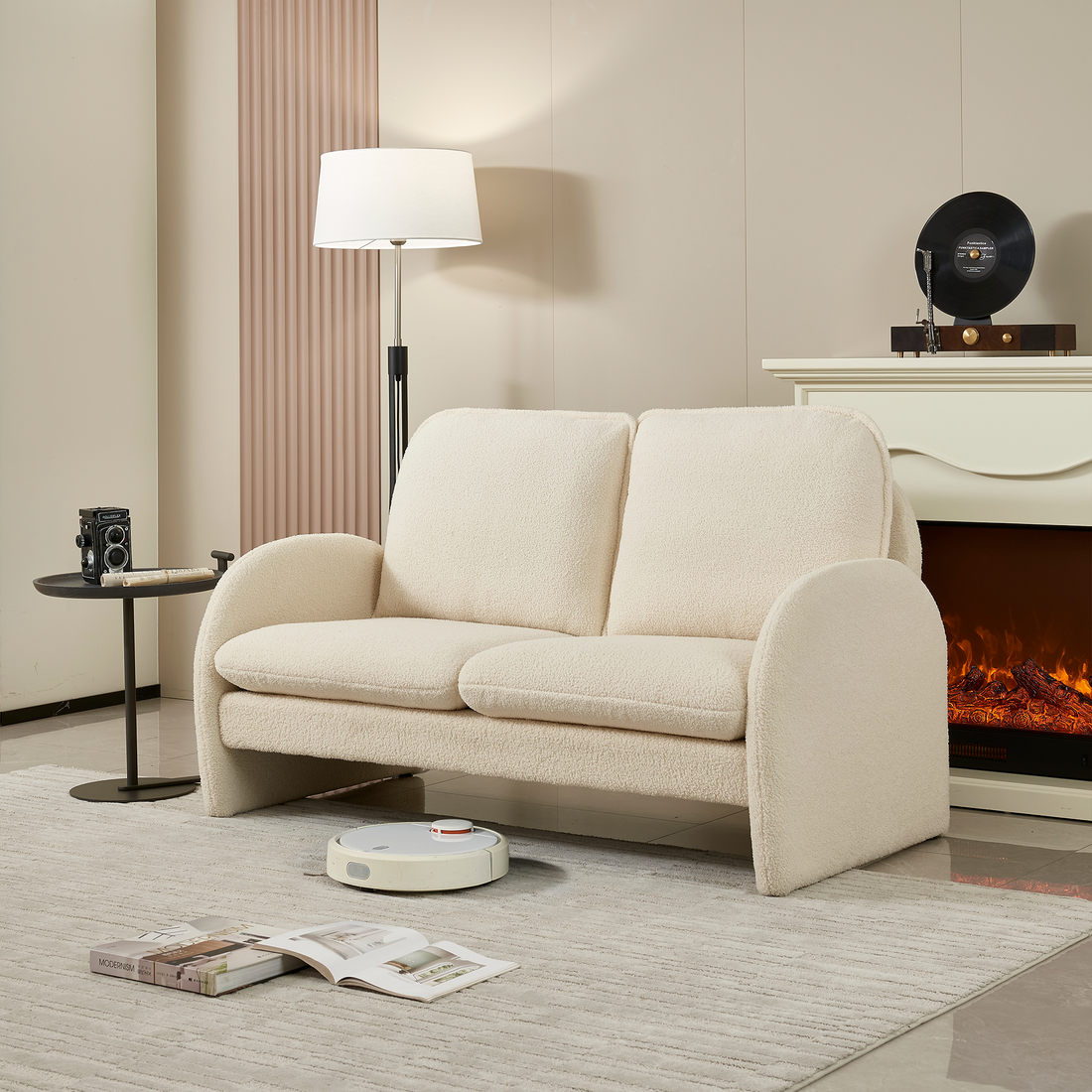 59" Loveseat Sofa Small Couch For Living Room, Sherpa Fabric Upholstered Loveseat Sofa Couch, Small Loveseat Sofa For Apartment, Bedroom Beige Foam Sherpa 2 Seat